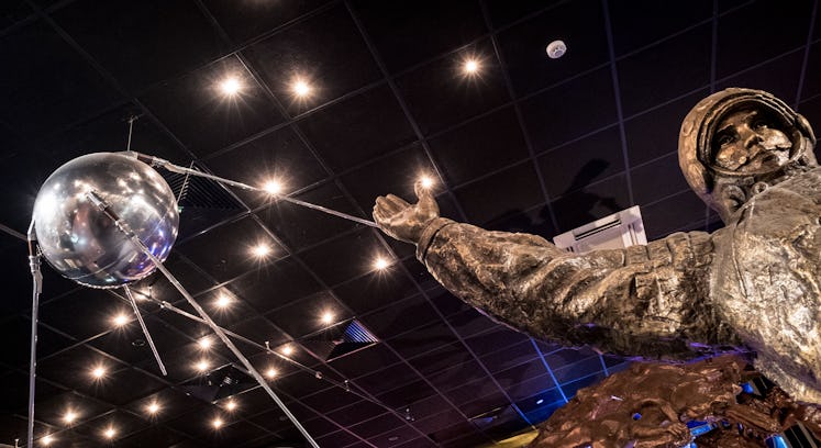 A full-scale replica of the world's first artificial satellite Sputnik, launched by the Soviet Union...