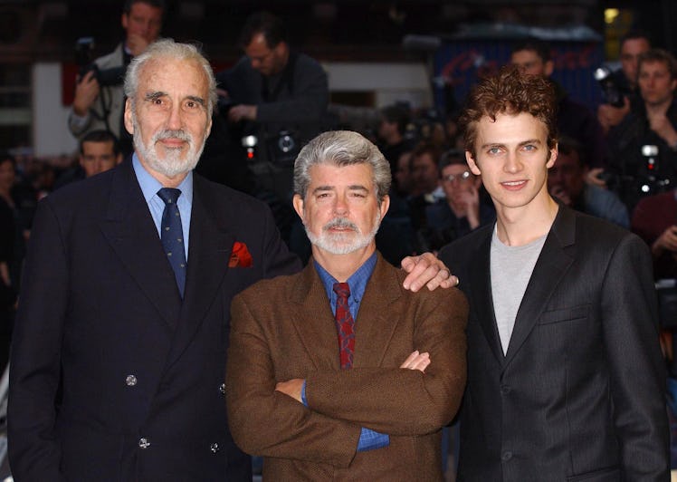 From left to right; Christopher Lee, George Lucas and Hayden Christensen arrive for the charity prem...