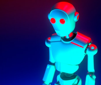3d illustration of robot illuminated by colored neons.