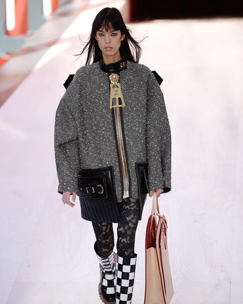 A model presents a creation for Louis Vuitton during the Spring-Summer 2023 fashion show as part of ...