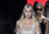 Gigi Hadid walks the runway during the Chloe Ready to Wear Spring/Summer 2023 fashion show as part o...
