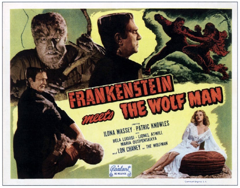 Frankenstein Meets The Wolf Man, lobbycard, from bottom left: Lon Chaney Jr, Bela Lugosi, Lon Chaney...