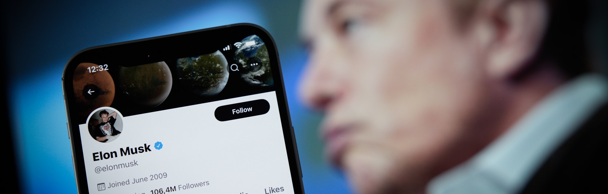 The Twitter profile page belonging to Elon Musk is seen on an Apple iPhone mobile phone in this phot...