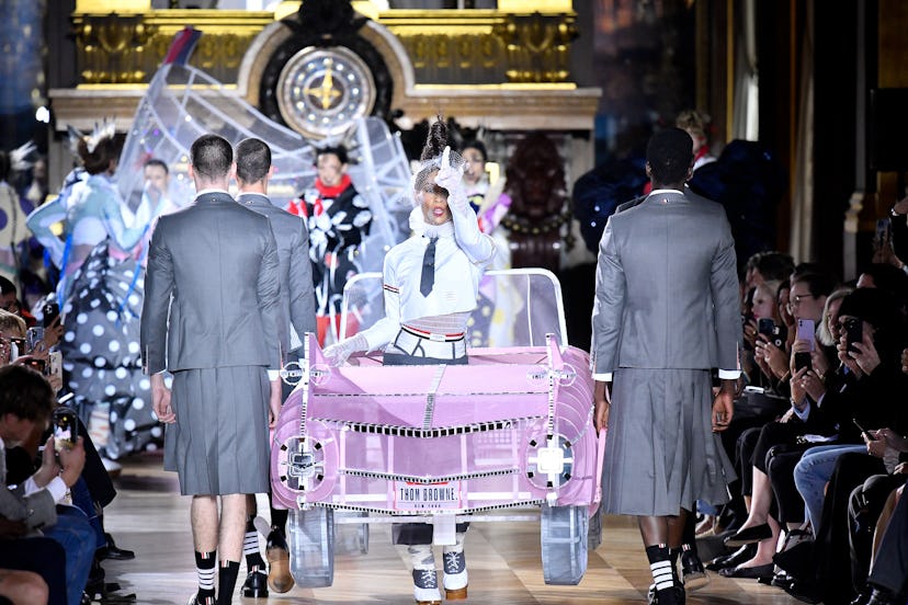 PARIS, FRANCE - OCTOBER 3: MJ Rodriguez walks the runway during the Thom Browne Ready to Wear Spring...