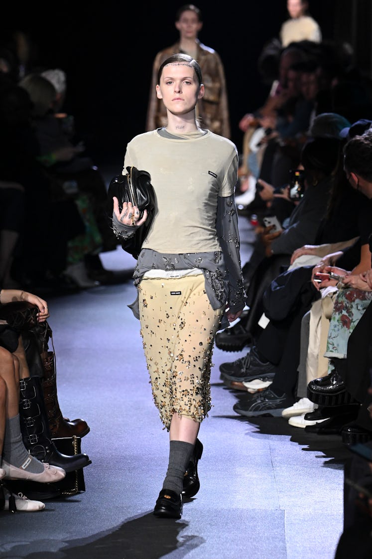 Miu Miu flower-embroidered nude skirt and long blouse styled with the nude t-shirt at Paris Fashion ...