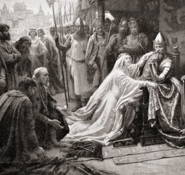 The wife of King Edward III, queen Philippa of Hainault, intercedes before her husband to ask that t...