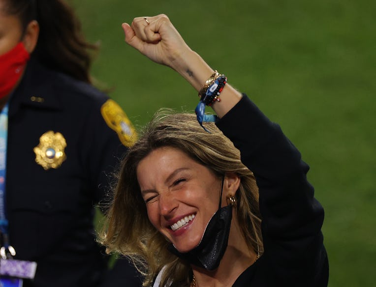 TAMPA, FLORIDA - FEBRUARY 07: Gisele Bundchen, wife of Tom Brady #12 of the Tampa Bay Buccaneers, ce...