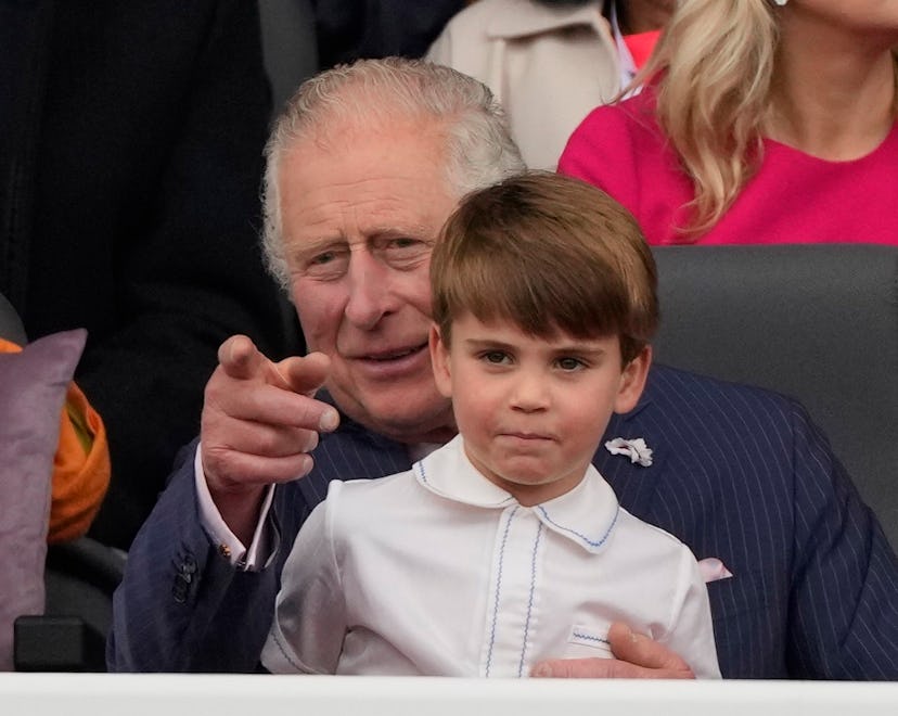 LONDON, ENGLAND - JUNE 05: Prince Charles, Prince of Wales and Prince Louis of Cambridge watch the P...