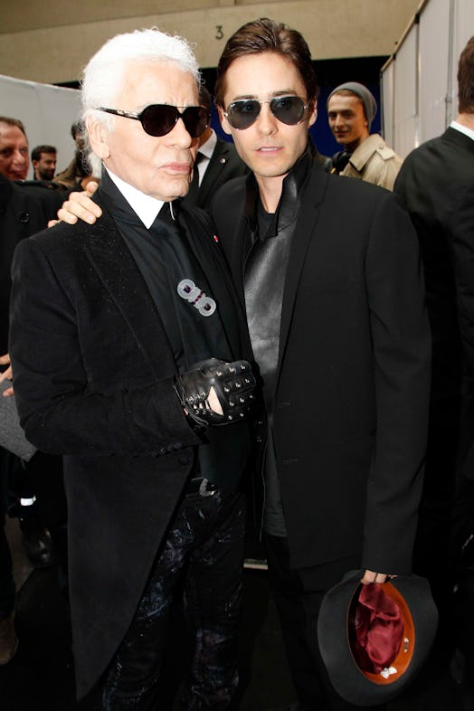 Karl Lagerfeld and Jared leto posing after the Dior Homme Menswear Autumn/Winter 2013 show 