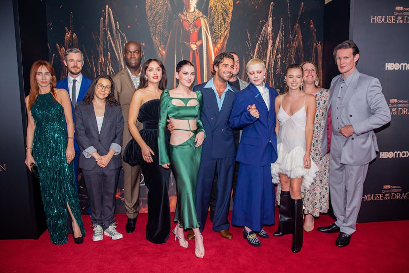 English actress Emily Carey (4th L) and English actor Matt Smith (R) join other cast members of the ...