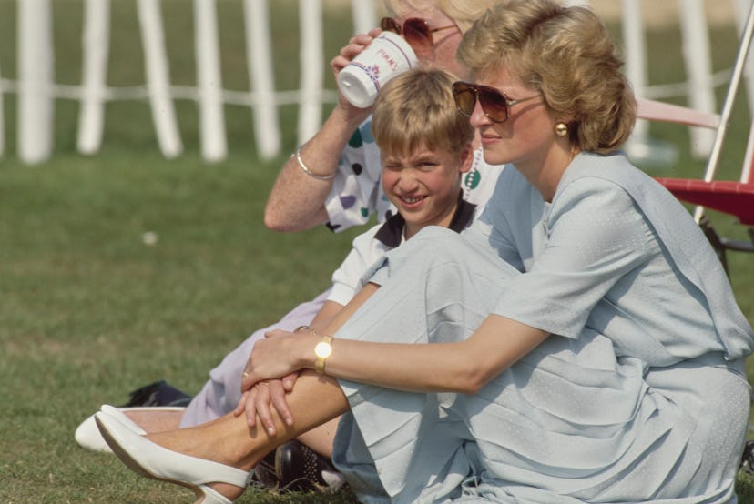 British Royal Diana, Princess of Wales (1961-1997), wearing a pale blue Catherine Walker dress, with...