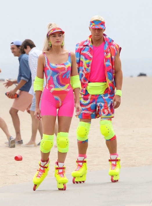 Margot Robbie and Ryan Gosling seen rollerblading on the set of "Barbie" on June 28, 2022 in Los Ang...