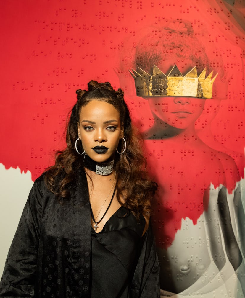Rihanna dark black lipstick and curly bantu knots 2015