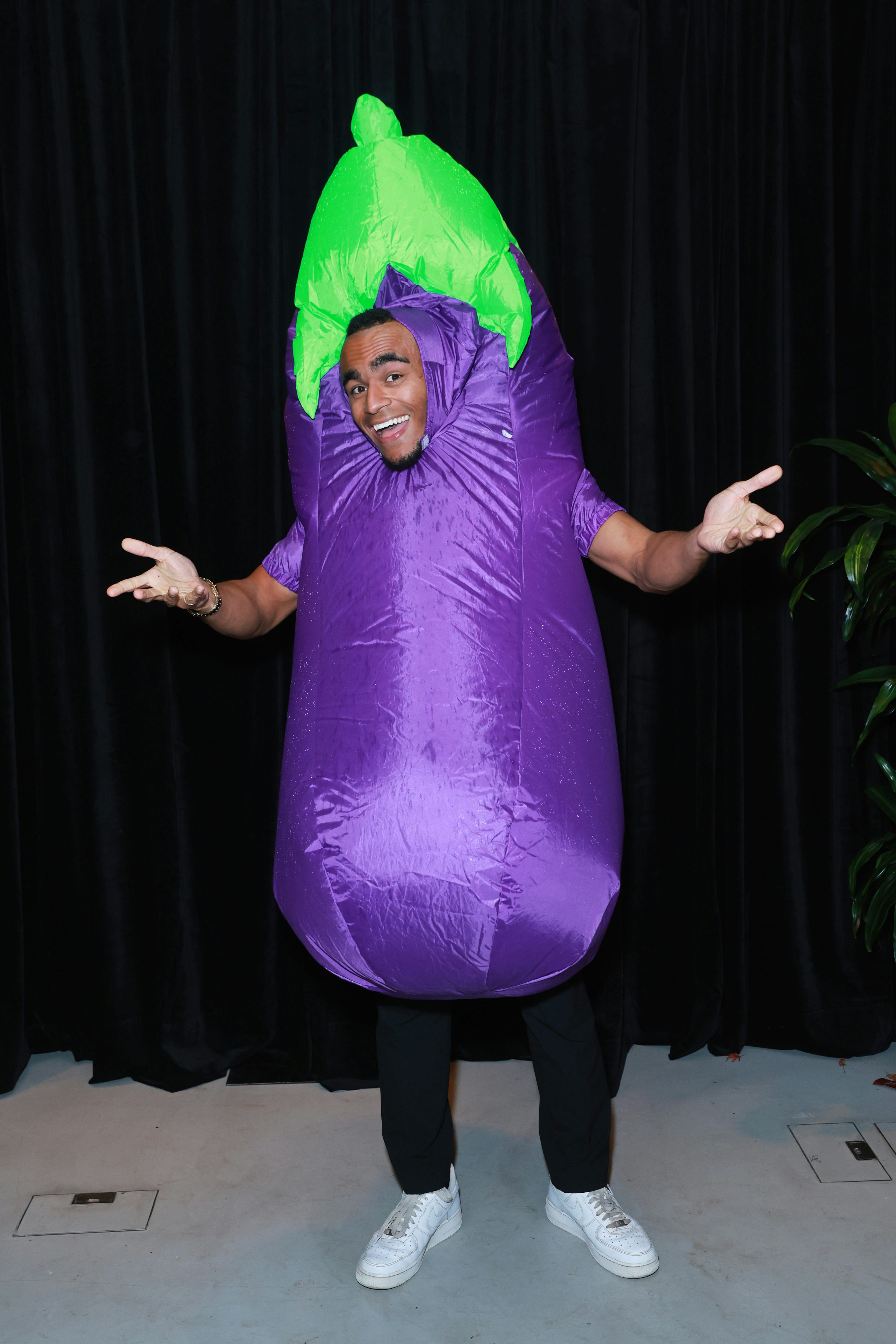 Munya Chawawa as an inflatable eggplant at Jonathan Ross' Halloween party