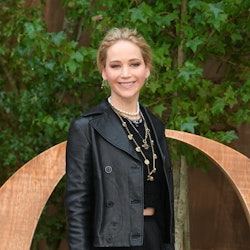 Jennifer Lawrence wearing a black leather jacket from Dior.