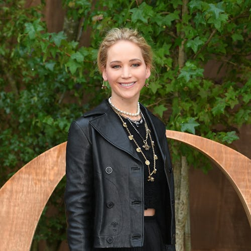 Jennifer Lawrence wearing a black leather jacket from Dior.