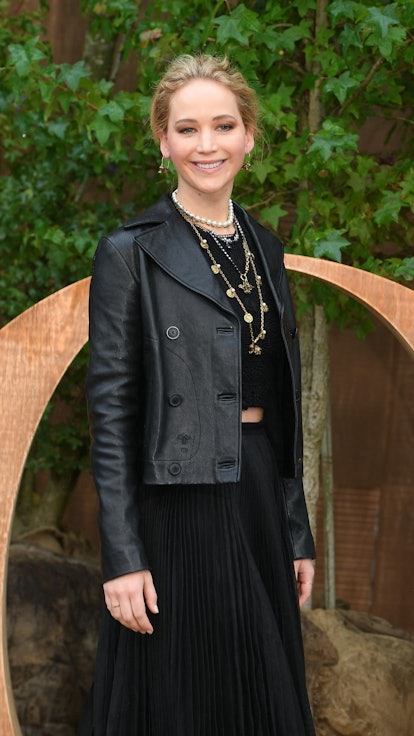 Jennifer Lawrence wearing a black leather jacket from Dior.