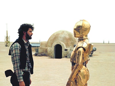 British actor Anthony Daniels (who plays C-3PO) with American director, screenwriter and producer Ge...