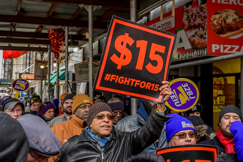 Several of workers in the fight for $15 took their opposition to downtown New Yorks McDonalds in 201...