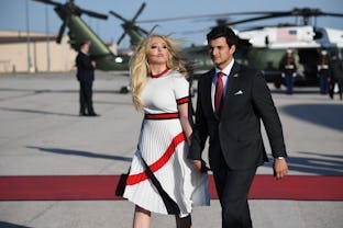 Daughter of the US president Tiffany Trump (L) and boyfriend Michael Boulos arrive at Ellsworth Air ...