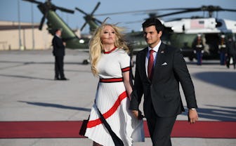 Daughter of the US president Tiffany Trump (L) and boyfriend Michael Boulos arrive at Ellsworth Air ...