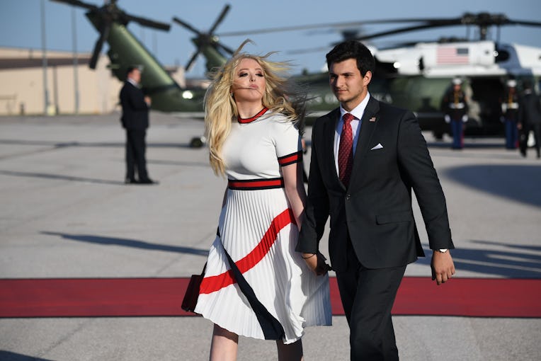 Daughter of the US president Tiffany Trump (L) and boyfriend Michael Boulos arrive at Ellsworth Air ...