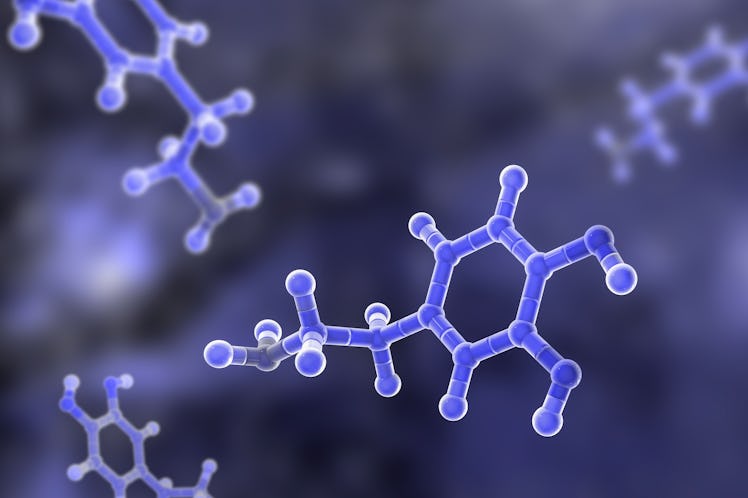 Dopamine neurotransmitter, molecular model. Dopamine is a chemical released by the brain as a neurot...