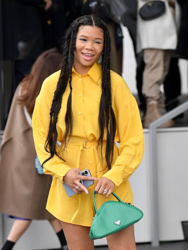 MILAN, ITALY - FEBRUARY 24: Storm Reid is seen arriving at the Prada fashion show during the Milan F...