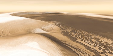 Chasma Boreale, a long, flat-floored valley, cuts deep into Mars' north polar ice cap. Its walls ris...