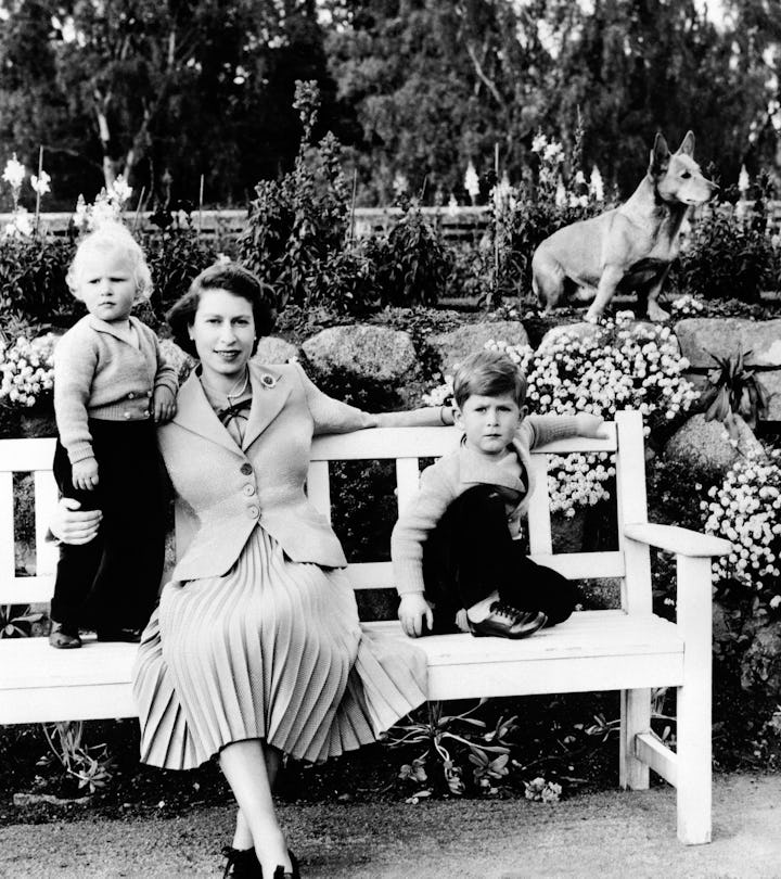 Family group at Balmoral, Scotland, showing the Queen, Prince Charles and Princess Anne on a garden ...