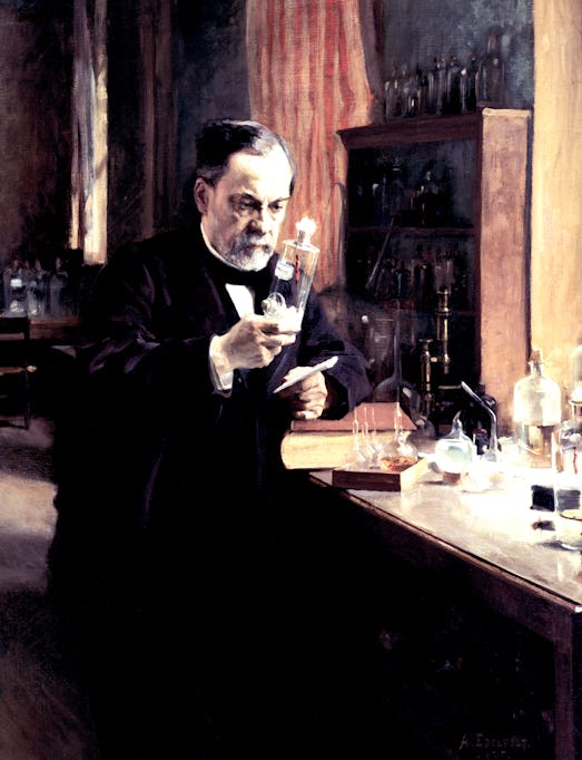'Louis Pasteur', 1885. Pasteur (1822-1895), French chemist and biologist at work in his laboratory. ...