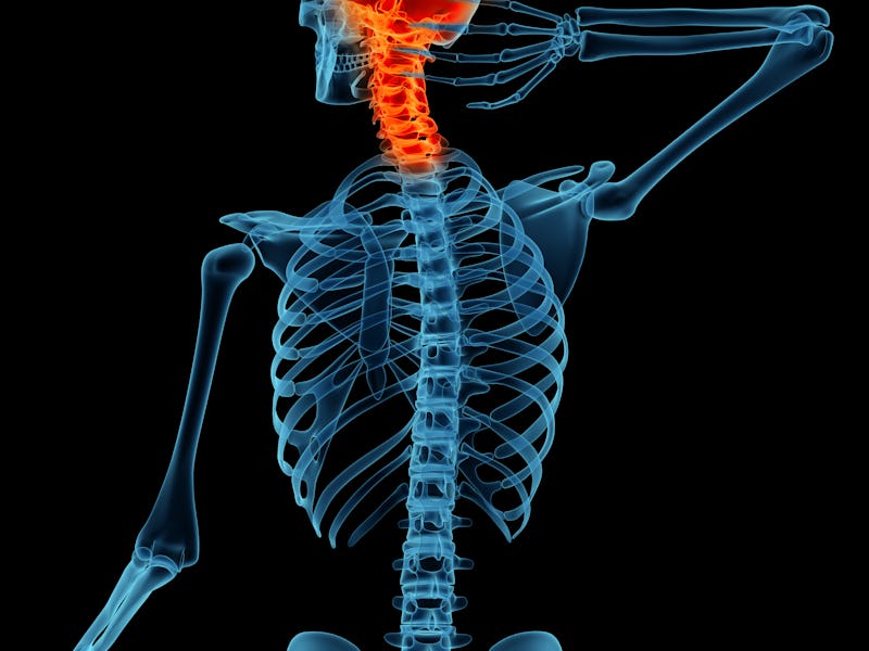 Anatomy of a man showing neck and head pain. Isolated on a black background.