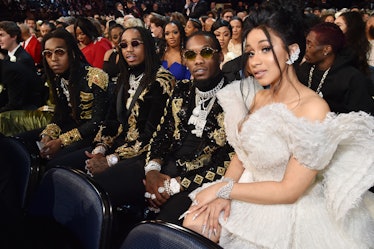 NEW YORK, NY - JANUARY 28: Recording artists Quavo, Takeoff and Offset of Migos and Cardi B attend t...