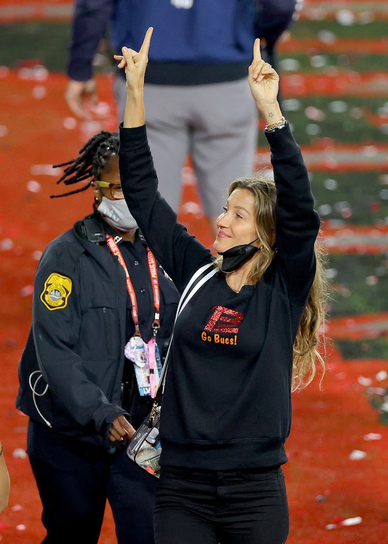 TAMPA, FLORIDA - FEBRUARY 07: Gisele Bundchen, wife of Tom Brady #12 of the Tampa Bay Buccaneers, ce...