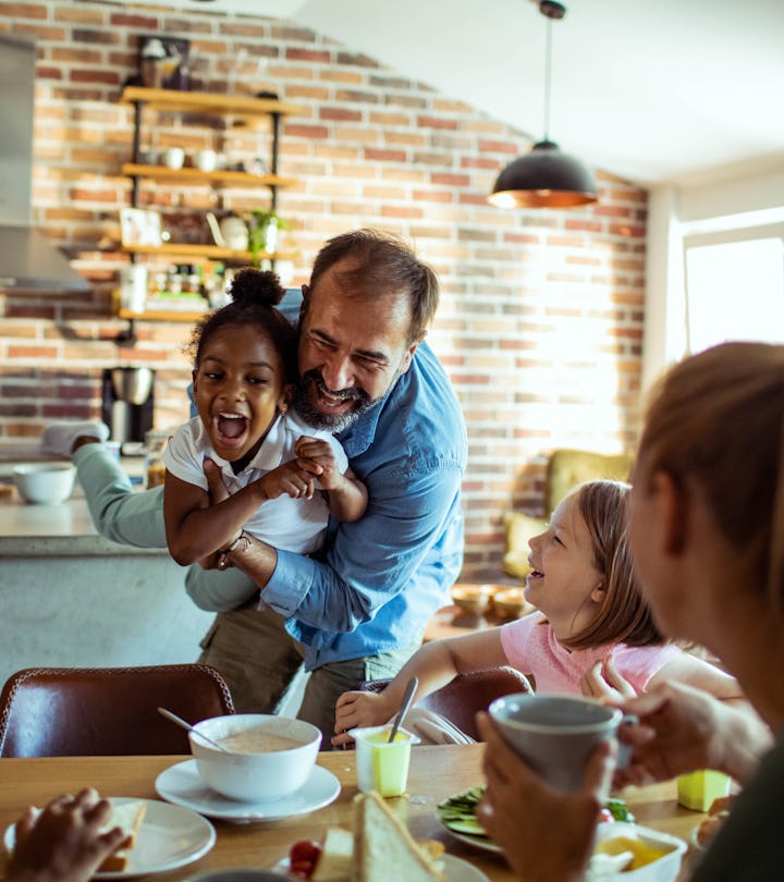 Close up of a family having breakfast in a list of quotes about blended families