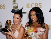 LAS VEGAS - APRIL 3: DOJA CAT and SZA with their awards at THE 64TH ANNUAL GRAMMY AWARDS, broadcasti...