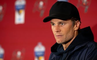 MUNICH, GERMANY - NOVEMBER 13: Tom Brady #12 of the Tampa Bay Buccaneers speaks to the media after t...