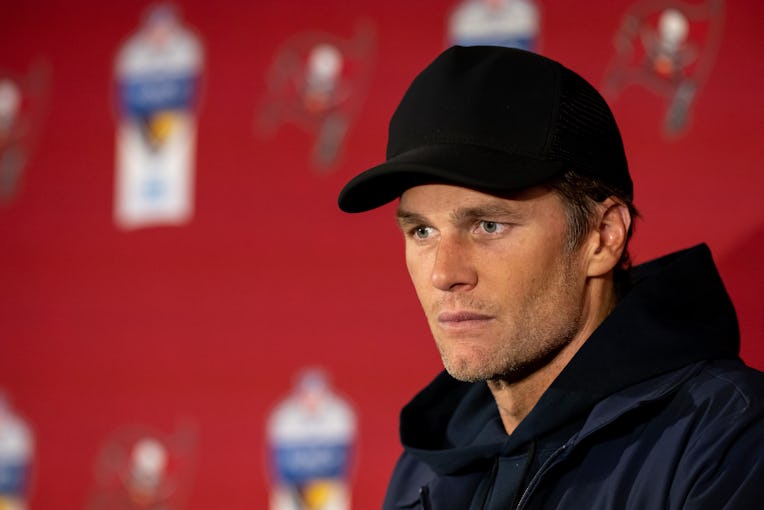MUNICH, GERMANY - NOVEMBER 13: Tom Brady #12 of the Tampa Bay Buccaneers speaks to the media after t...