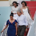 President Barack Obama, First Lady Michelle Obama, and their daughters, Sasha (back left) and Malia,...