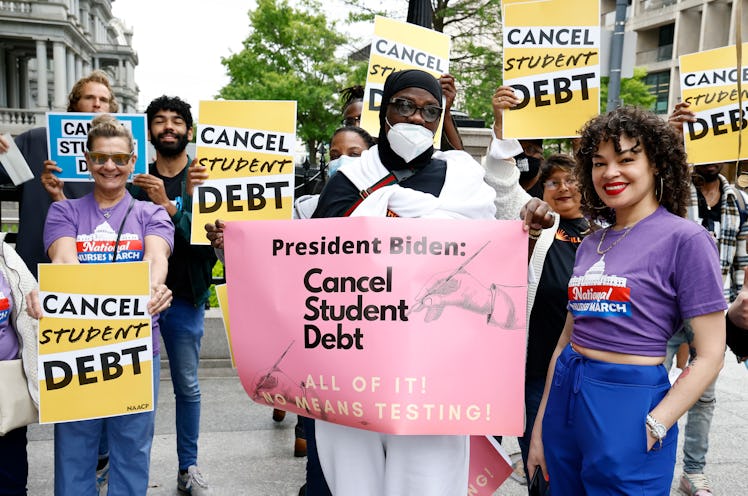 Student loan borrowers gather near The White House to tell President Biden to cancel student debt on...