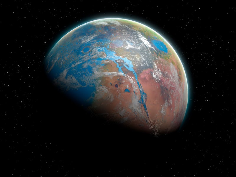 Illustration of the planet Mars covered in water in the past, when its atmosphere was thicker and wa...
