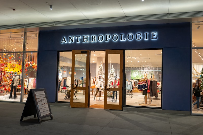 Night view of facade of Anthropologie retail store in San Ramon, California, November 21, 2019. Many...