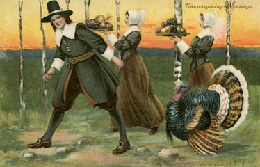 Illustration for 1908 Thanksgiving postcard featuring male pilgrim leading turkey and two female pil...