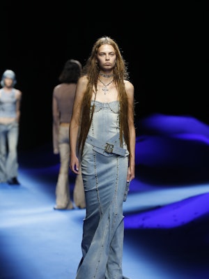 A model walks the runway of the Blumarine Fashion Show during the Milan Fashion Week Womenswear Spri...