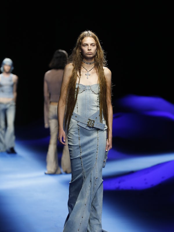 A model walks the runway of the Blumarine Fashion Show during the Milan Fashion Week Womenswear Spri...