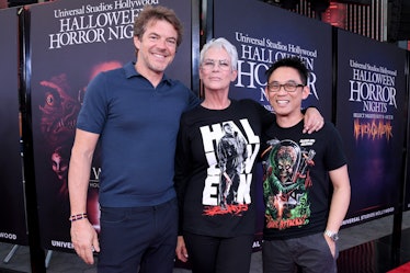 UNIVERSAL CITY, CALIFORNIA - SEPTEMBER 08: (L-R) Jason Blum, Jamie Lee Curtis and James Wan attend t...