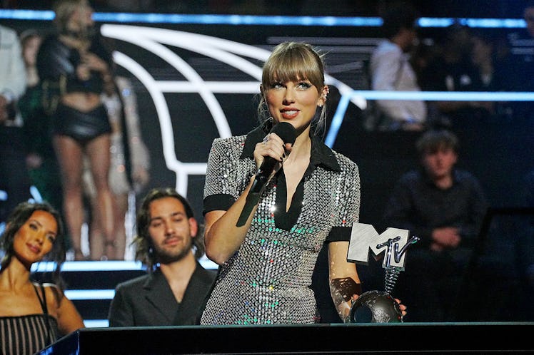 Taylor Swift accepted an award onstage during the MTV Europe Music Awards 2022 on November 13, 2022 ...