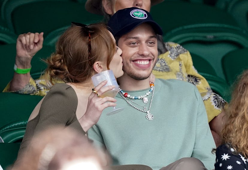 Phoebe Dynevor and Pete Davidson attend day 6 of the Wimbledon Tennis Championships on July 03, 2021…