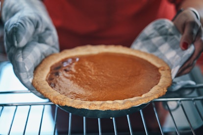 Baking Pumpkin Pie for thanksgiving in a list of thanksgiving pumpkin pie Instagram captions