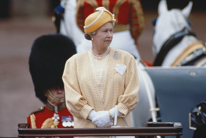 Queen Elizabeth II, wearing a regimental brooch, at the Trooping the Colour ceremony, in London, Eng...
